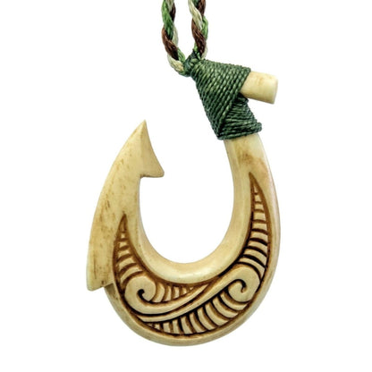 Stylized Hawaiian  Double Sided Scrimshaw Bone Fish Hook Necklace - Earthbound Pacific