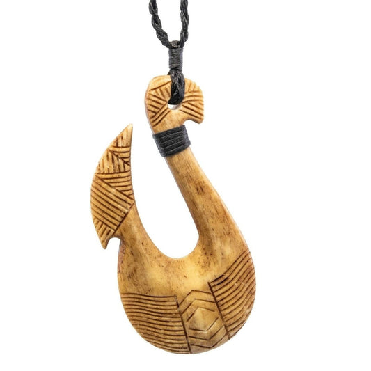 Tahiti Inspired Aged Bone Scrimshaw Fish Hook Necklace - Earthbound Pacific