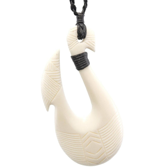 Tahiti Inspired Bone Scrimshaw Fish Hook Necklace - Earthbound Pacific